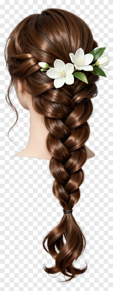Brown Braided Hair With White Flowers PNG