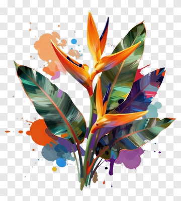 Bird Of Paradise Flower With Colorful Splatter PNG