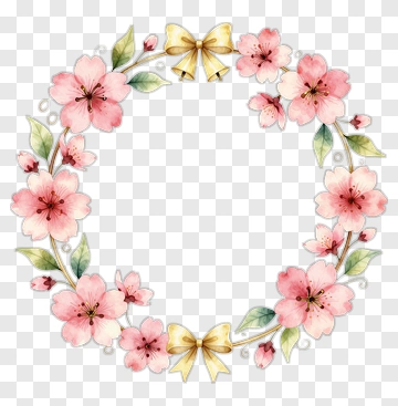 Pink Flower Wreath With Golden Bow PNG