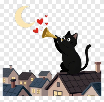 Black Cat Playing Trumpet With Hearts PNG