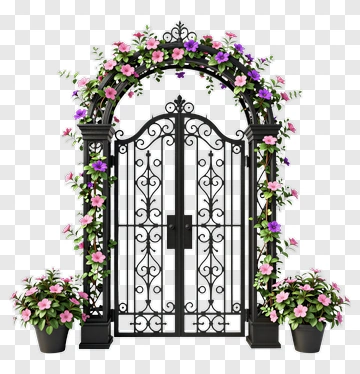Elegant Black Iron Gate With Pink And Purple Flowers PNG