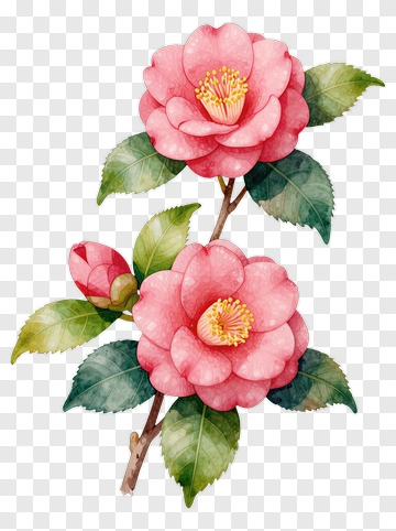Pink Camellia Blossoms With Green Leaves PNG