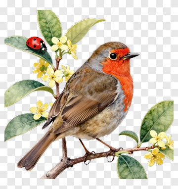 Robin With Ladybug On Flower Branch PNG