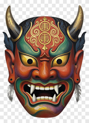 Oni Mask With Horns And Feathers PNG