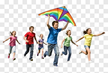 Children Running With Rainbow Kite PNG