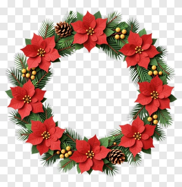 Red Poinsettia Wreath With Pine Cones And Berries PNG
