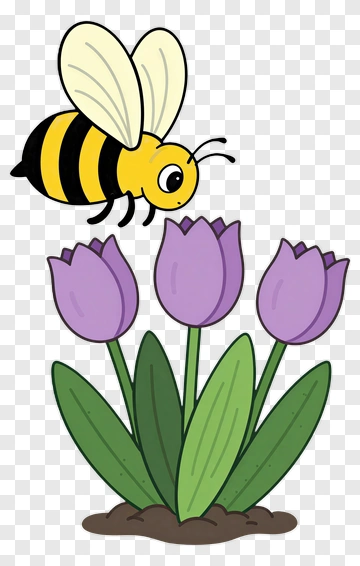 Cartoon Bee Hovering Over Purple Tulips PNG