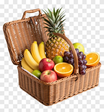 Wicker Picnic Basket Filled With Fresh Fruit PNG