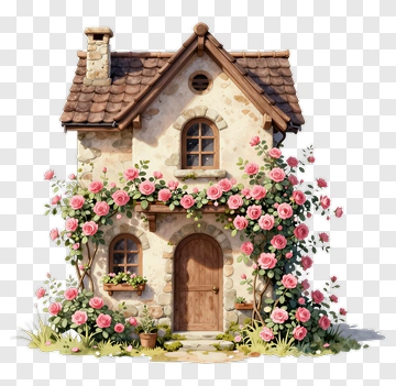 Charming Cottage With Pink Roses PNG