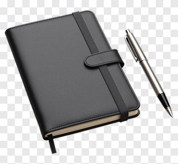 Black Leather Notebook With Silver Pen PNG