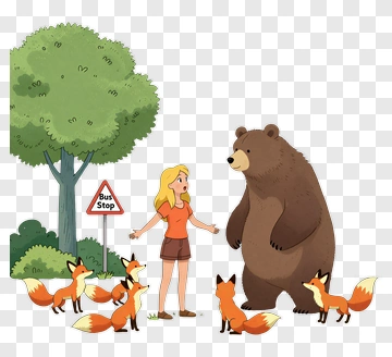 Woman And Bear With Foxes At Bus Stop PNG