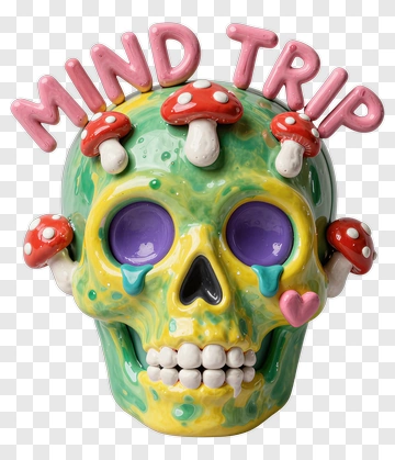 Skull With Mushrooms And Mind Trip Text PNG