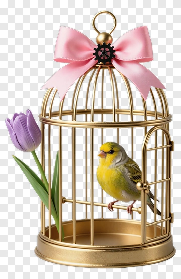 Gold Birdcage With Canary And Tulip PNG