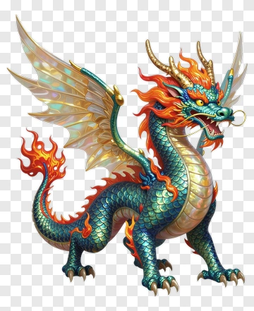 Chinese Dragon With Fire And Wings PNG