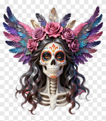 Sugar Skull With Feathers And Roses PNG