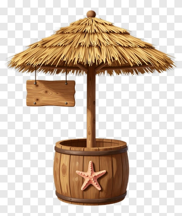 Tropical Beach Umbrella On Wooden Barrel PNG