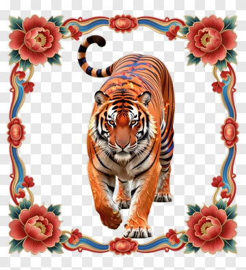 Tiger With Ornate Floral Border PNG