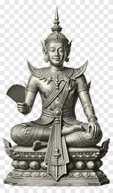 Ornate Seated Statue Holding Fan PNG