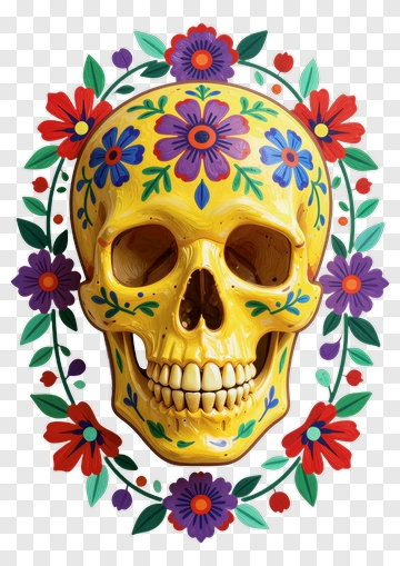 Colorful Skull With Floral Decoration PNG