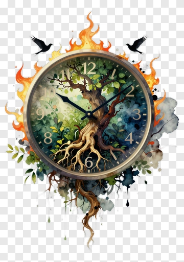 Clock With Tree And Fire PNG