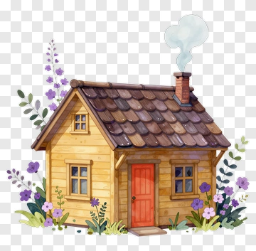 Cozy Wooden Cottage With Purple Flowers PNG