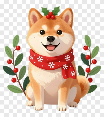 Shiba Inu With Christmas Holly And Snowflake Scarf PNG