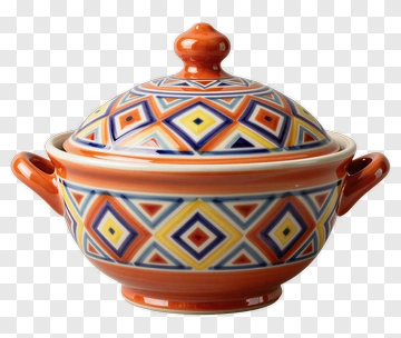 Ornate Ceramic Tureen With Geometric Pattern PNG