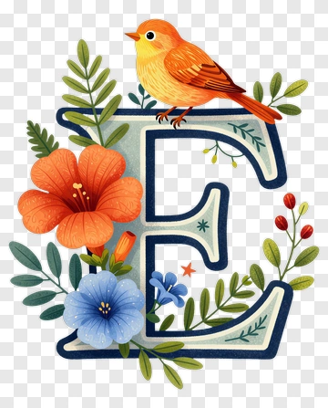 Letter E With Bird And Flowers PNG