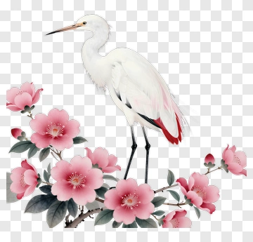 White Heron Among Pink Flowers PNG
