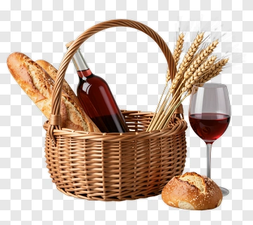 Wicker Basket With Wine And Bread PNG