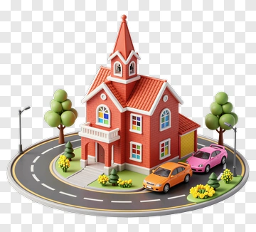 Red House With Orange And Pink Cars PNG
