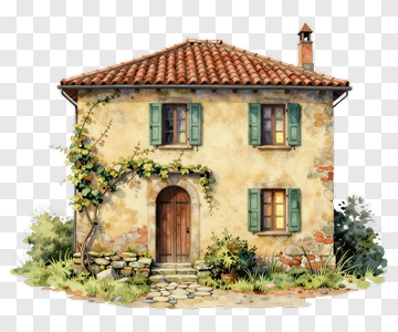 Cozy Stone House With Green Shutters PNG