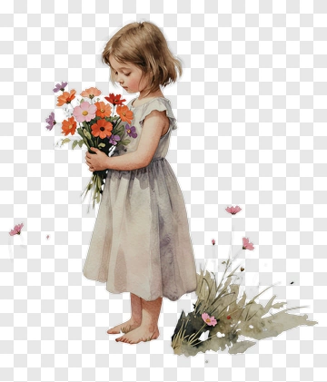 Girl Holding Bouquet Of Flowers PNG
