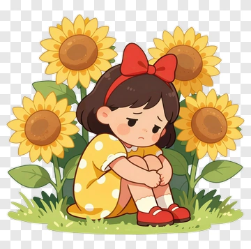Sad Girl With Sunflowers PNG
