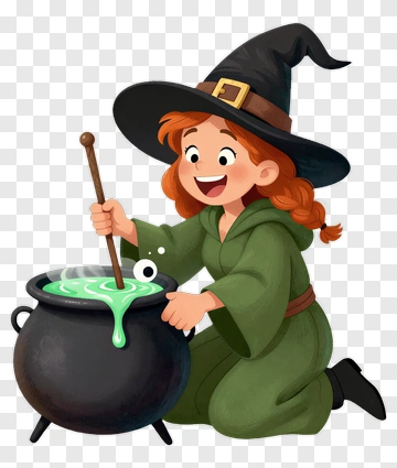 Happy Witch Stirring Green Potion PNG