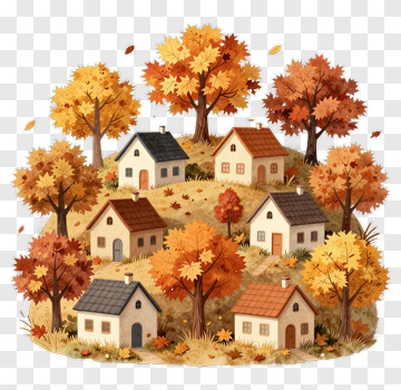 Autumn Village With Houses And Trees PNG