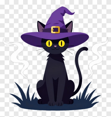 Black Cat Wearing Witch Hat PNG