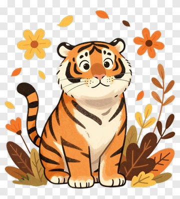 Cute Cartoon Tiger Sitting Among Flowers PNG