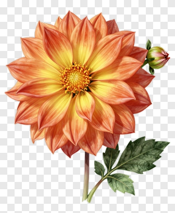 Orange And Yellow Dahlia With Green Leaf PNG