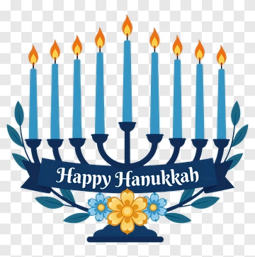 Happy Hanukkah Menorah With Candles And Flowers PNG