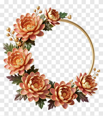 Golden Flower Wreath With Petals And Leaves PNG