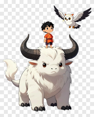 Boy Standing On Yak With Owl Flying PNG
