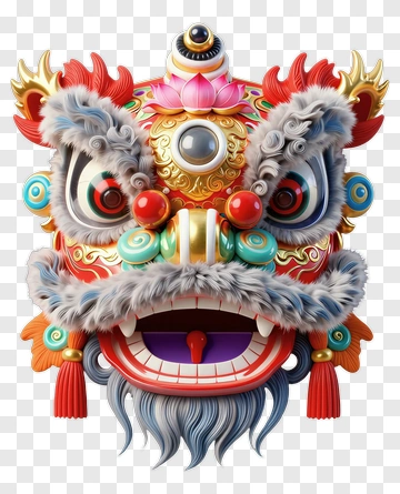 Lion Dance Mask With Lotus And Tassels PNG