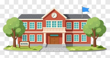 School Building With Clock And Flag PNG