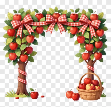 Apple Tree Arch With Red Bow And Basket PNG