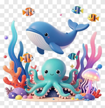 Cute Octopus And Whale In Colorful Ocean PNG