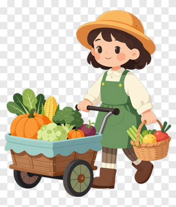 Girl With Vegetables And Cart PNG