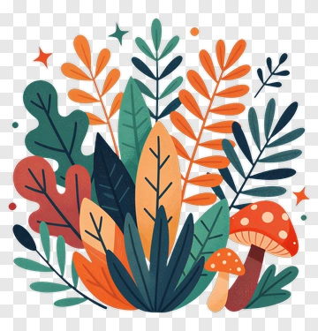 Botanical Illustration With Leaves And Mushrooms PNG