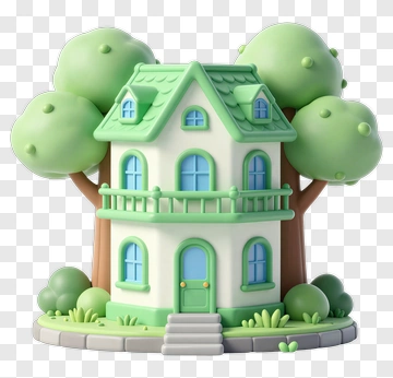 Treehouse With Green Roof And Blue Windows PNG