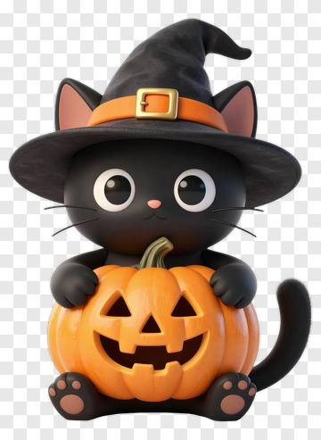 Black Cat In Witch Hat Holding Pumpkin PNG